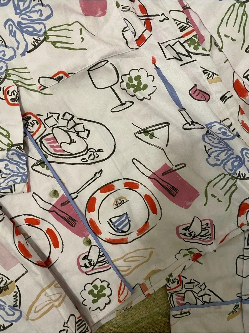 Anthropologie Printed Pajama Set Lavender with Multi-Color cocktail snack print!
